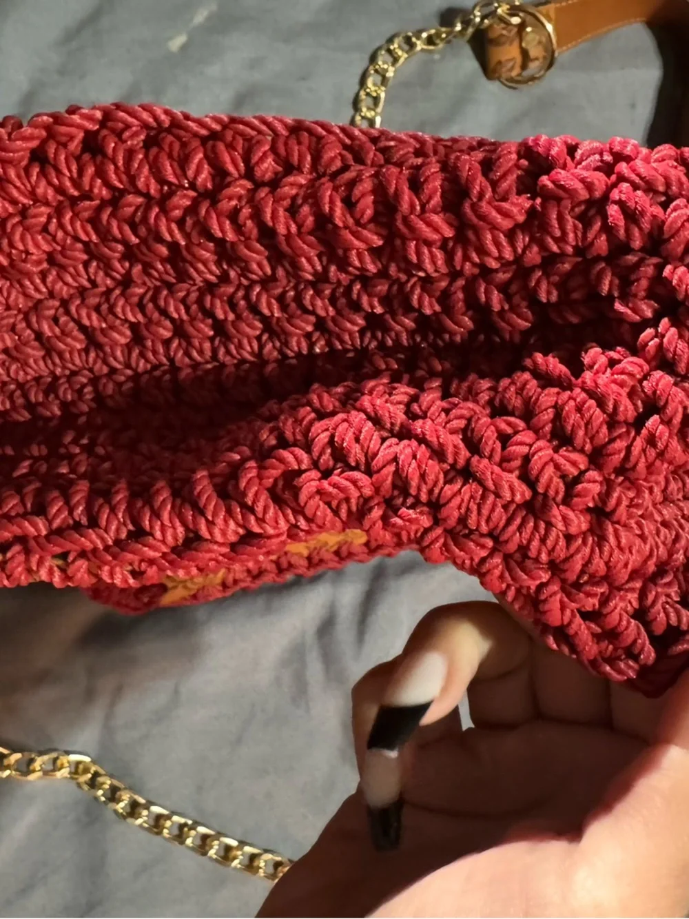 Handwoven Red-Trim Floral Embossed Tan Shoulder Bag